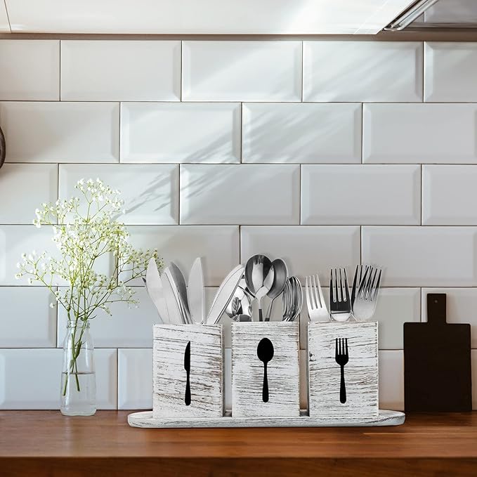 Kathfly 4 Pcs Silverware Caddy Utensil Holder for Countertop Silverware Organizer with Wood Tray Spoon Fork Holder 3. 15 x 3. 15 x 4. 53 Inches of Each Organizer for Kitchen Parties(Retro White)