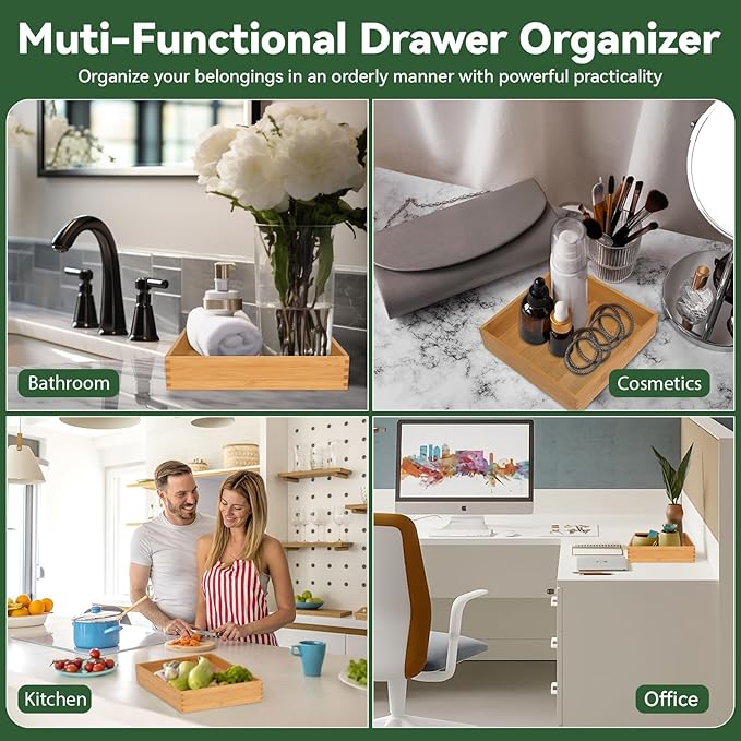 Bamboo Drawer Organizer - Kitchen Drawer Utensil Organizer Office Supplies Desk Organizer Makeup Silverware Tray Flatware Organization 8"*8"*2"