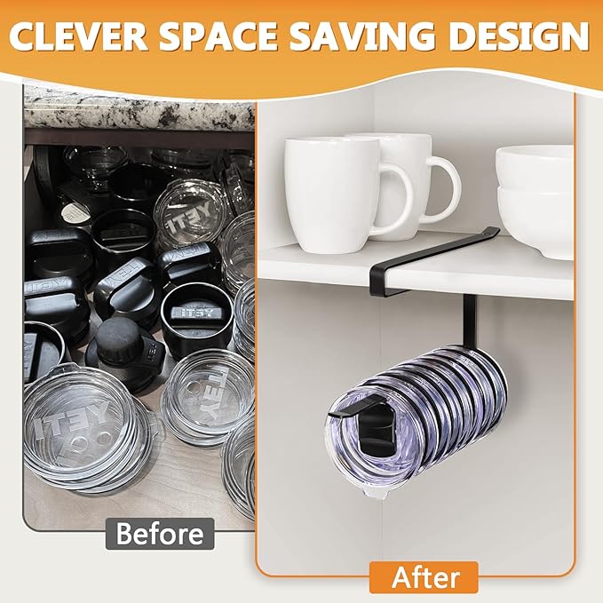 Tumbler Lid Organizer Under Cabinet, Tumbler Lid Storage Hook Up to 10 Lids, Cup Lid Holders Space Saving Tumbler Lid Hanger for Kitchen Storage, Horizontal Paper Towel Hanger (Black)