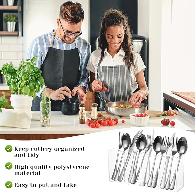 Rainmae Acrylic Cutlery Storage Organizer with 4 Section, Cutlery Utensil Holder Storage Organizer Caddy for Kitchen Countertop Dining Room Home Desk Party Table - Holds Fork, Knife, Spoon, Silverware