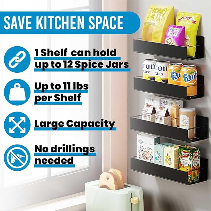Magnetic Spice Storage Rack Organizer for Kitchen, Refrigerator and Oven, Matt Black Fridge Organizers and Storage (4 Pack)
