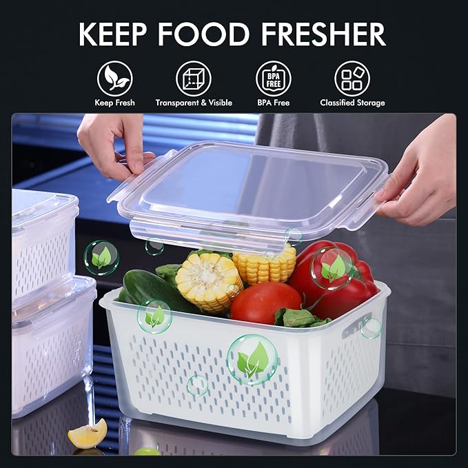 HOTEC 5-Pack Large Fruit Storage Container with Removable Colander, Dishwasher & microwave safe Largest 4.15L
