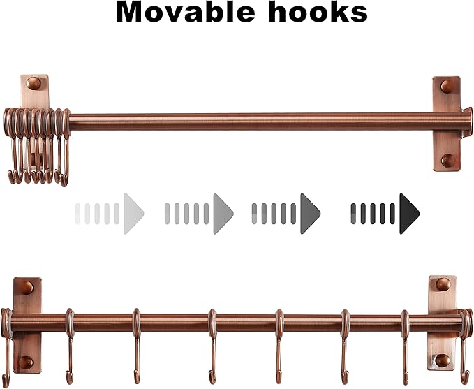 Dseap Kitchen Untentil Rail with 8 Hooks,Hanging Rack for Pots and Pans, Plants, Double Bars, Wall Mounted, Antique Copper, Pack of 2