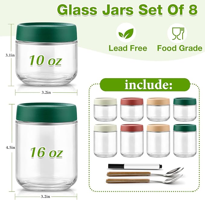 8 Pack Overnight Oats Containers with Lids, Large & Small Glass Mason Jars 16oz & 10 oz, Breakfast Oatmeal Container to Go, Salad Meal Prep Jars for Food Storage, Mush Chia Seed Pudding Jars