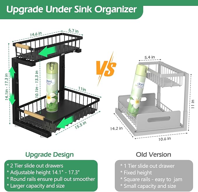 ADRIMER Under Sink Organizer 2 Packs, Pull Out Kitchen Sink Organizer, 2 Tier Slide Out Kitchen Organizers and Storage Bathroom Under Cabinet Storage Shelf, Black