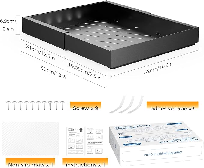 1 Pack 16.8" Deep Pull Out Drawers for Cabinets, Expandable Slide Out Drawers for Kitchen Cabinets, Pull Out Cabinet Organizer Roll Out Shelves for Pantry(Width 12.2"-19.7", Black)