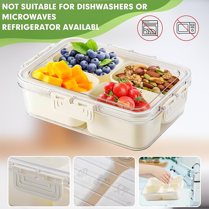 2 Pack Divided Serving Tray with Lid and Handle, Snackle Box Container mit 4 Compartments Clear Serving Platters and Trays,Snack Platters for Veggie Fruits Snacks Nuts, for Picnic Party Travel