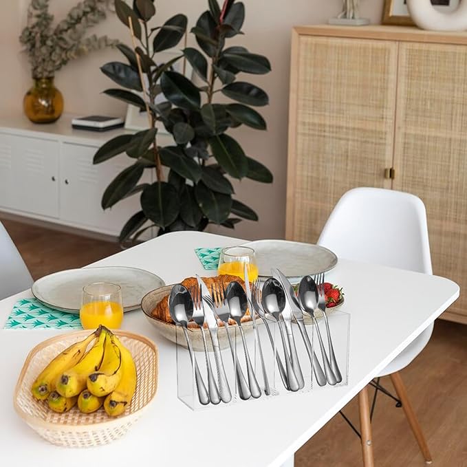 Rainmae Acrylic Cutlery Storage Organizer with 4 Section, Cutlery Utensil Holder Storage Organizer Caddy for Kitchen Countertop Dining Room Home Desk Party Table - Holds Fork, Knife, Spoon, Silverware