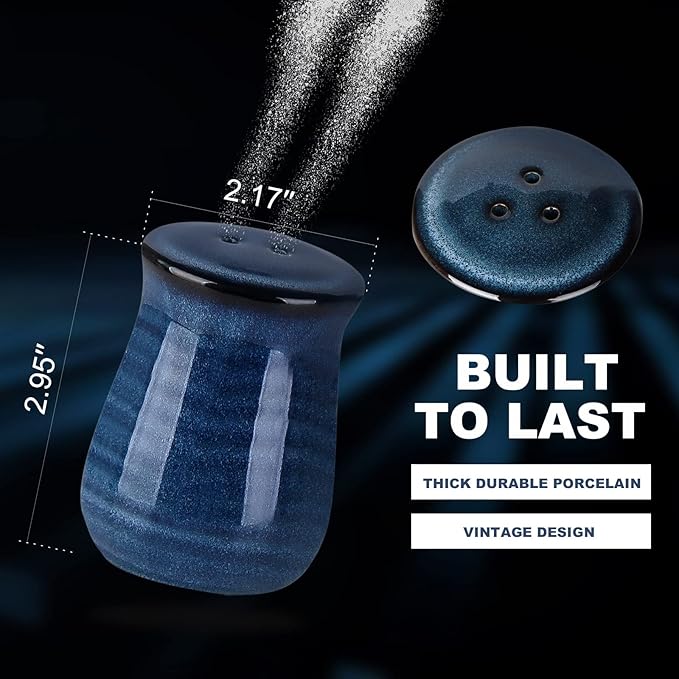 Hasense Ceramic Salt and Pepper Shakers,Navy Farmhouse Salt Shaker set of 2, Vintage Spice Shaker for Compact Cooking,Travel,BBQ, Kitchen and Resturant Decor