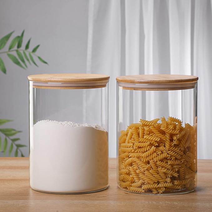 2 Sets 3000 ML/100 FL OZ Clear Glass Storage Canister Holder with Airtight Bamboo Lid, Extra Large Container Jar for Flour Sugar Coffee Loose Tea Rice Cookie Cereal Pasta Spaghetti Protein Powder