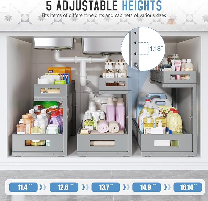 2 Pack 20.47IN Depth Under Sink Storage Organizer, Large 2-Tier Elegant Mesh Pull Out Shelf for Kitchen and Bathroom Cabinet Organization, L-Shaped and Adjustable Height Design-Grey