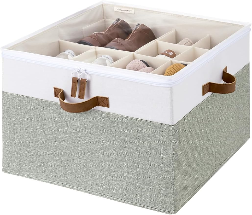 StorageWorks Shoe Organizer for Closet, Fits up to 16 Pairs, Shoe Cubby Storage Containers with Adjustable Dividers and Clear Cover, Green & White