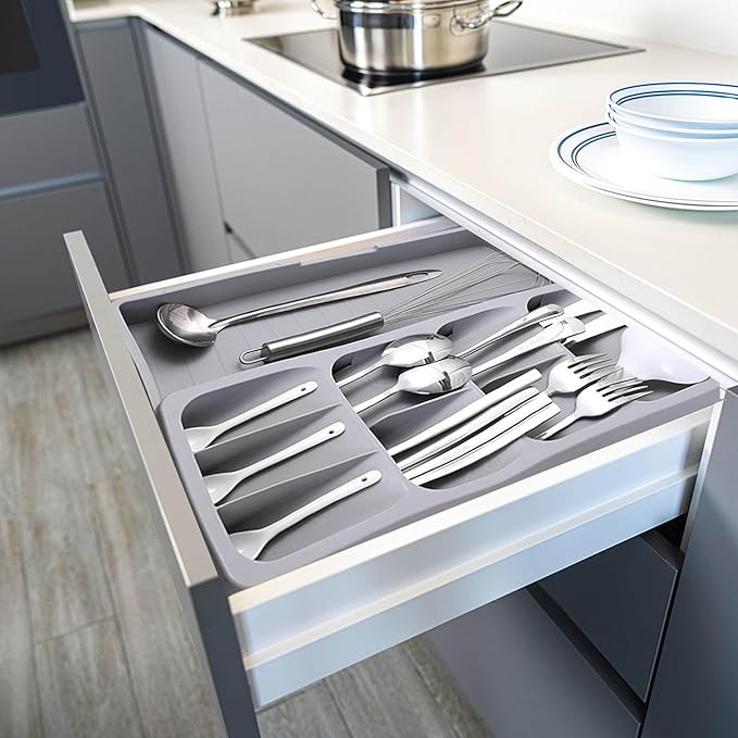 Silverware Drawer Organizer with Expandable Tray for Kitchen Drawer, Adjustable Compact Plastic Kitchen Utensil Storage for Spoons Forks Knives Easy to Access & Save Space