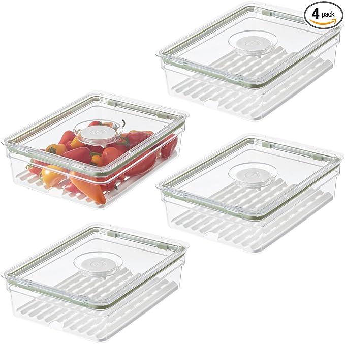 iDesign Large Fridge Produce Bin with Removable Drainage Tray and Lid - Set of 4 - Clear/White