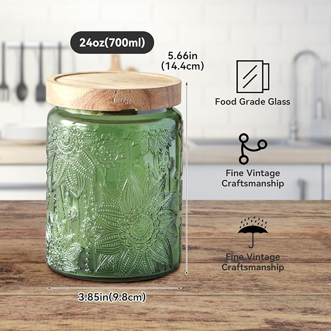 Vintage Glass Jar with Lid,Cookie Candy Jar Coffee Canister Food Storage Containers Storage Jar Set for Kitchen Office (Green garden - acacia)
