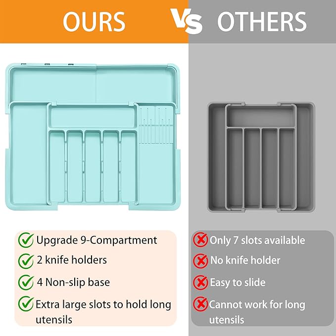 Homecor Silverware Organizer - Expandable Large Kitchen Drawer Organizer Utensil Organizer with 2 Knife Block Inserts, 22"x 19"Cutlery Tray with Drawer Dividers for Kitchen Flatware (Turquoise)