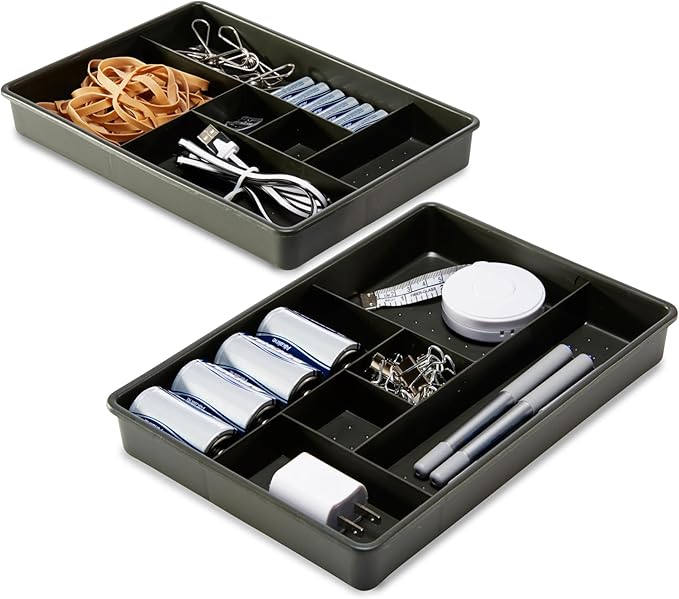 Madesmart Set of 2 Plastic 6-Compartment Drawer Organizer Gadget Trays, Multipurpose Storage Bins for Drawers, Granite , 10.75 x 7.5 x 2.6 inches