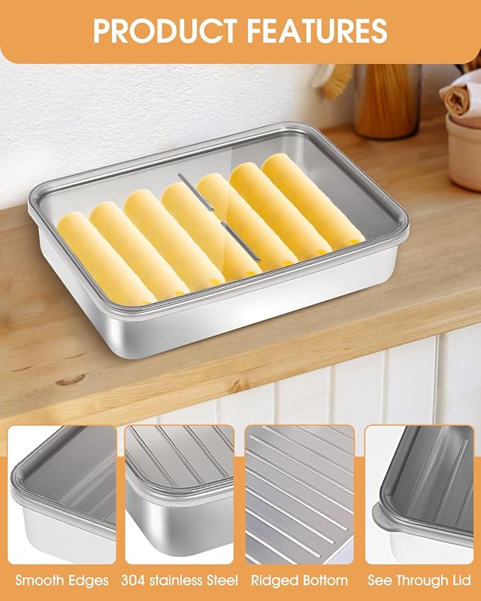 1PCS Cheese Container for Fridge, 304 Stainless Steel Deli Meat Container for Fridge with Ridged Bottom, Food Storage Holder with Lids (1PCS Cheese Holder- 27 FL OZ)