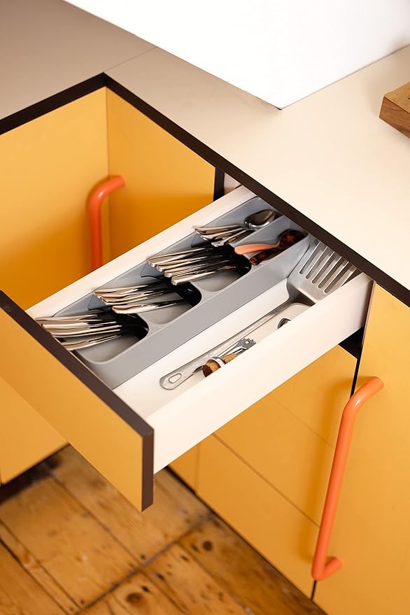 Joseph Joseph DrawerStore Compact Utensil Organizer For Kitchen Drawer Silverware, Flatware Tray, Small, Grey