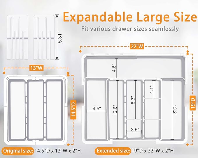 Homecor Kitchen Utensil Drawer Organizer, Large 22"x 19" Expandable Silverware Organizer with Removable Knife Block, Utensil Holder and Cutlery Tray, Kitchen Spatula Tools and Gadgets Storage, White