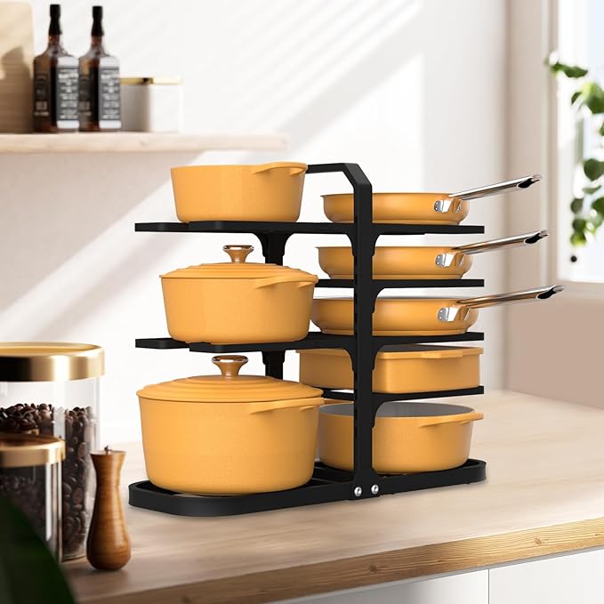 Podxco Pot and Pan Organizer for Under Cabinet, Thickened 8-Tier Adjustable Heavy Duty Pot Organizers Inside Cabinet, Rust-Resistance Pan Organizers Inside Cabinet for Cast-iron Pans, Heavy Skillets