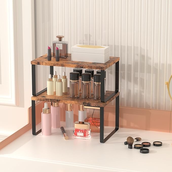CADUKE Set of 4 Counter Shelves Kitchen Stackable Cabinet Shelf Wood Organizer Expandable Counter Top Racks Brown Bathroom Counter organizer