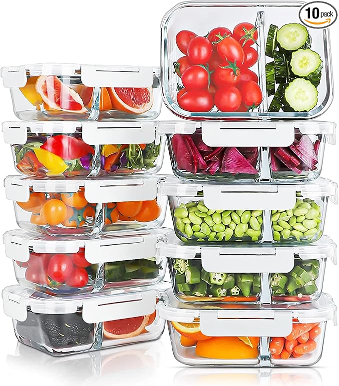 10 Packs 30oz Glass Meal Prep Containers 2 Compartments,Glass Food Storage Containers with Lids,Airtight Lunch Bento Boxes,Oven,Freezer and Dishwasher Safe, White