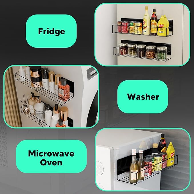 2 Packs Magnetic Spice Rack for Refrigerator, Moveable Magnetic Shelf, Black Fridge Organizer for Kitchen Space Saving