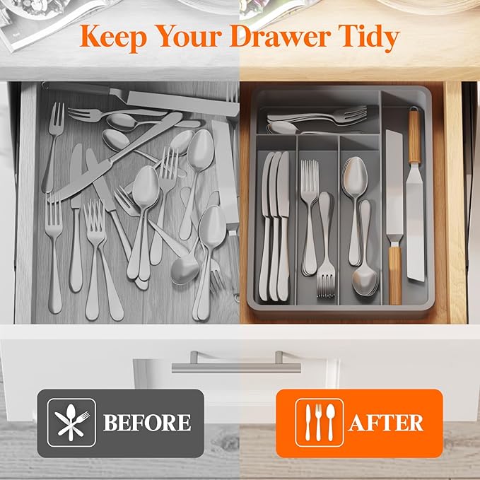Lifewit Silverware Tray, Deep Wide Cutlery Drawer Organizer Storage for Kitchen, Plastic Flatware Utensil Holder Divider for Spoons Forks Knives Tableware, 5 Compartment, Gray