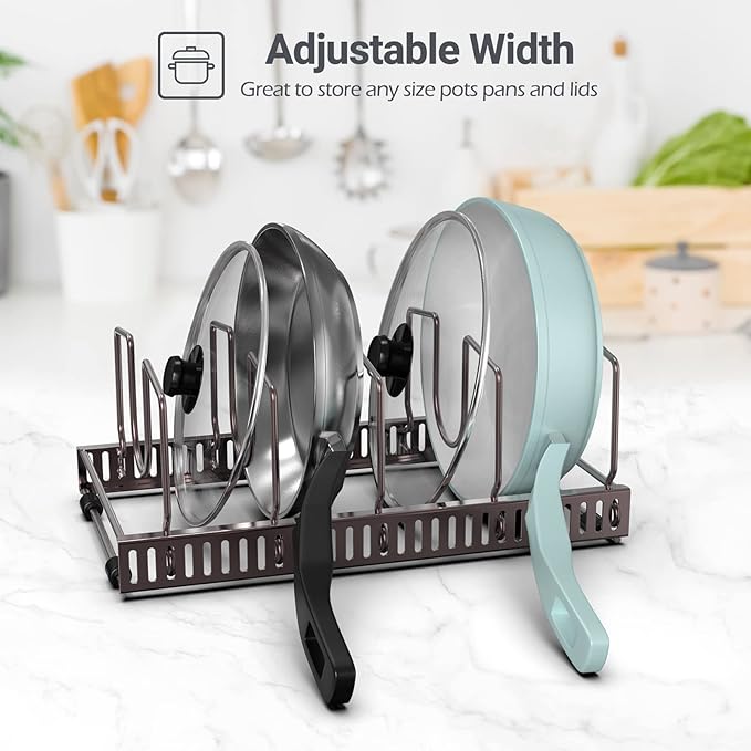 Puricon 15 Adjustable Dividers Pot Rack Pan Lid Organizer, 3 in 1 Skillet Griddle Cutting Board Baking Holder, 3 Pack Cookware for Kitchen Cabinet Cupboard Pantry Storage -Bronze