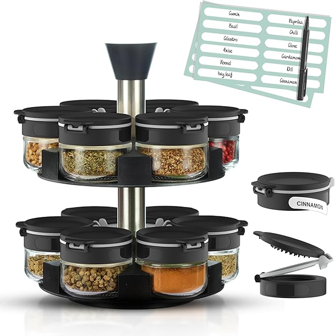 Black Rotating Spice Rack With Jars, Spinning Spice Rack For Countertop - Revolving Tower Organizer for Kitchen Seasonings - Kitchen Carousel Storage, Stainless Steel, 12 Jars