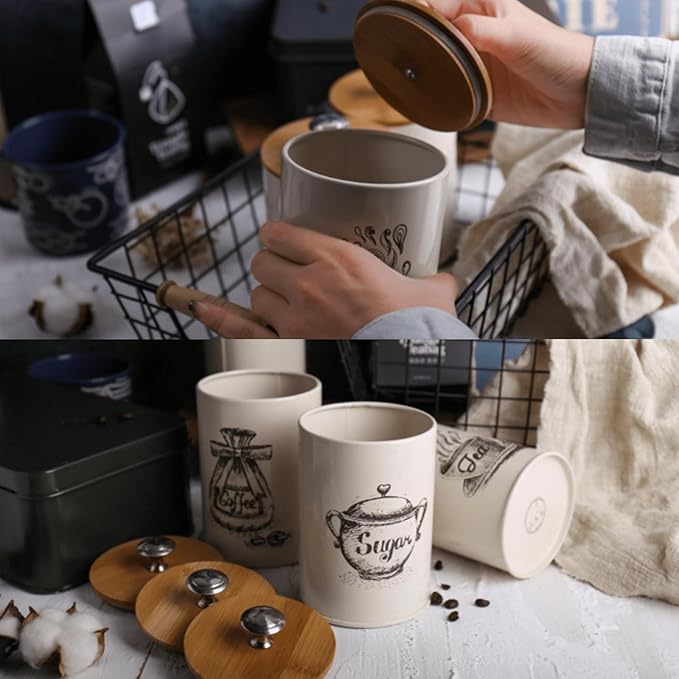 Youeon Small Canister Sets for Kitchen Counter, 25 Oz Coffee Sugar Tea Canister Set, Metal Vintage Kitchen Container 3 Pack, Food Storage Containers with Bamboo Lid, Farmhouse Decor, Beige