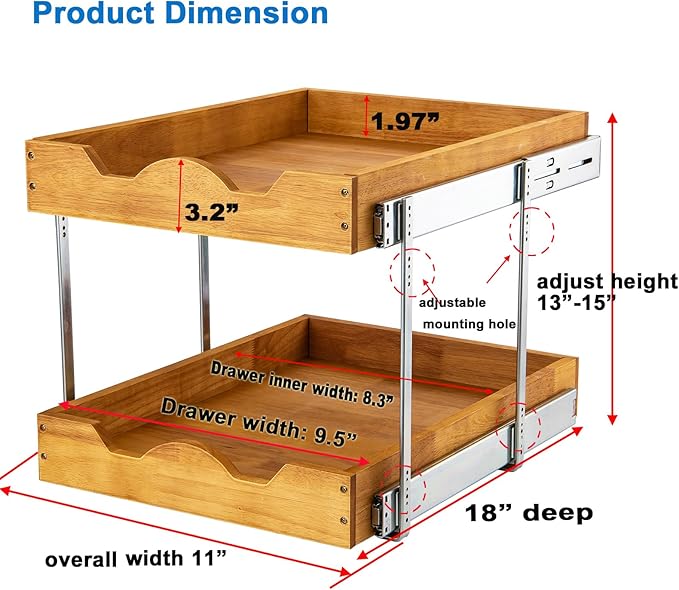 DINDON 2 Tier Wood Pull Out Cabinet Organizer (11" W x 18" D) Slide Out Wood Drawer, Two Tier Pull Out Shelf Organization and Storage…
