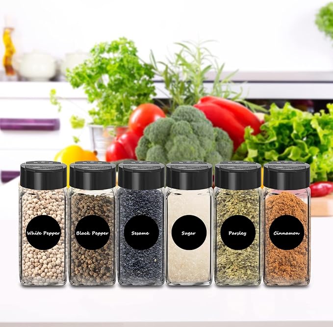 12 Pack Glass Spice Jars with Labels, 4oz Spices Containers Spice Jars with Black Shaker Lids, Empty Containers for Spice, Silicone Funnel and Pen Included