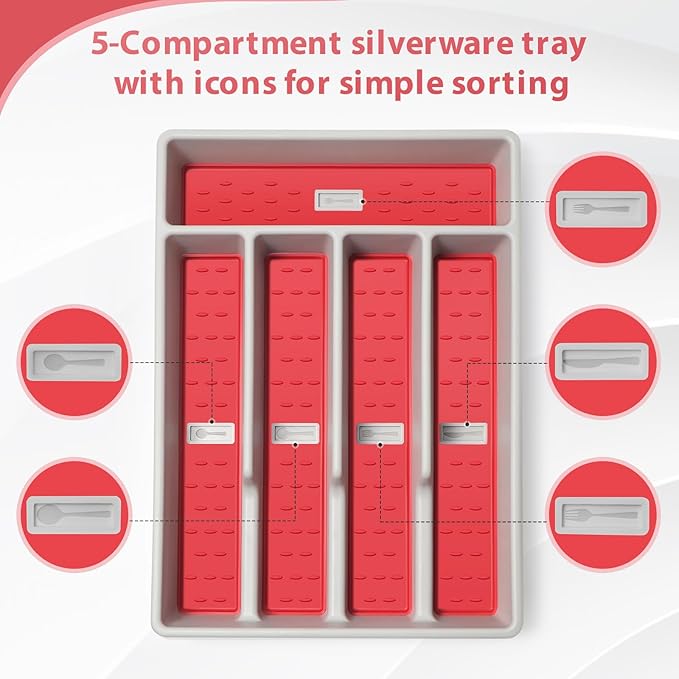 Silverware Organizer with Cutlery Icons,Silverware Tray for Kitchen Drawer,Flatware Tableware Cultery Drawer Organizer Utensil Organizer with Non-slip TPR Linings,Kitchen Organization Essentials