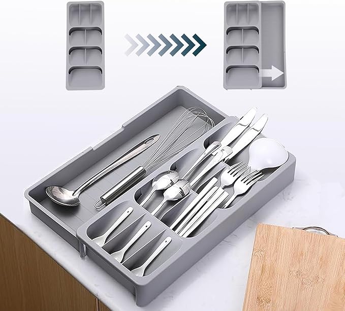 Silverware Drawer Organizer with Expandable Tray for Kitchen Drawer, Adjustable Compact Plastic Kitchen Utensil Storage for Spoons Forks Knives Easy to Access & Save Space