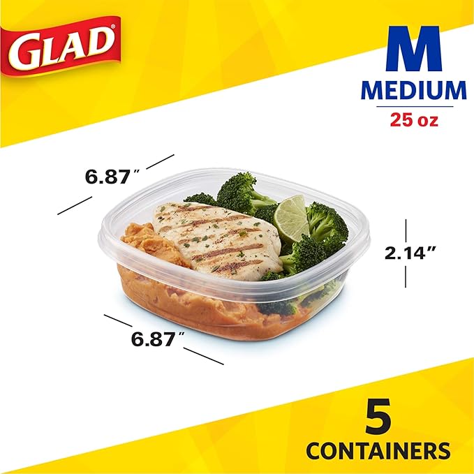 Glad Food Storage Containers for Everyday Use, Medium Square - Standard Meal Container Holds up to Twenty-Five Ounces, Blue, 25 oz - 5 Count