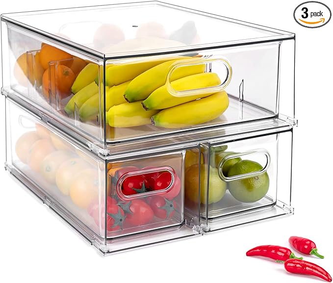 3 Pack Refrigerator Organizer Bins with Pull-out Drawer, Stackable Fridge Drawer Organizer Set with Handle, Clear Plastic Food Storage Containers for Freezer, Cabinet, Kitchen, Pantry