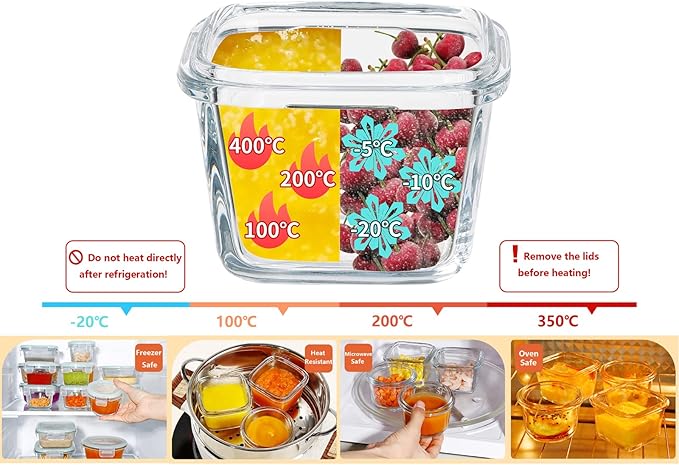 Small Glass Food Storage Containers Set of 12, 6oz Mini Glass Containers Airtight, Leakproof for Snacks, Dips, Overnight Oats, Condiment Salad Dressing Sauce, Microwave, Dishwasher Safe