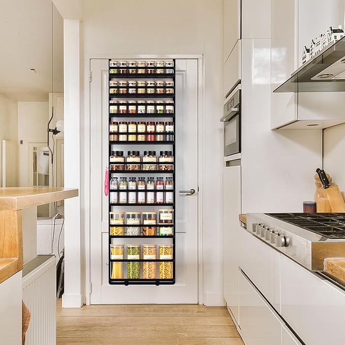 8-Tier-Wall-Mount-Spice-Rack-Organizer W/ Adjustable Basket&Fence, Large Over The Door Spice Seasoning Shelf For Pantry Kitchen, Hanging Spice Organization For Cabinet Door, Bathroom Door Storage