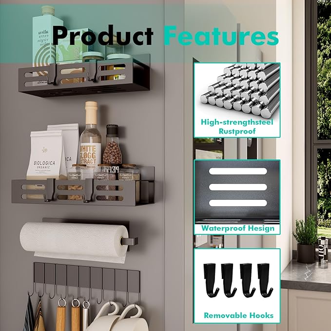 4 Pack Magnetic Spice Rack for Refrigerator with 4-Hook Rack and Paper Towel Holder, Black Magnetic Shelf and Fridge Kitchen Cabinet Organizers Storage Seasoning Organization Mini Shelves.