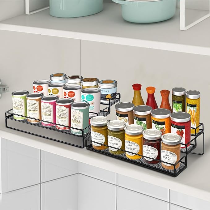 Spice Rack Organizer for Cabinet, 3 Tier Widen Seasoning Organizer, Expandable Shelf,Step Storage Holder, Kitchen Cabinet Countertop,with Protection Railing, Metal (Black,3 Tier)
