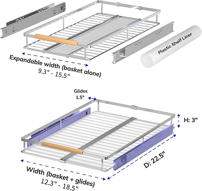 Pull Out Drawer Cabinet Organizer, Expandable Slide Out Storage Shelves - Heavy Duty, Durable and Smooth Slide-Out, 1 Pack, S: Cabinet Width: 12.3"~18.5" * Depth: 22.5"