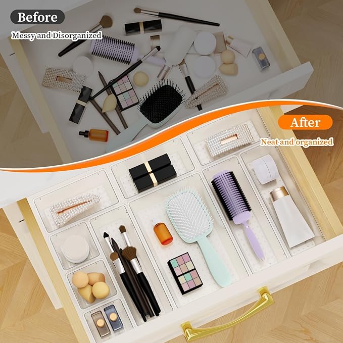 32 PCS Clear Plastic Drawer Organizer Set, 4-Size vanity organizer Trays and Storage Bins for Makeup, Jewelry and Gadgets in Bedroom, Bathroom and Office, Clear