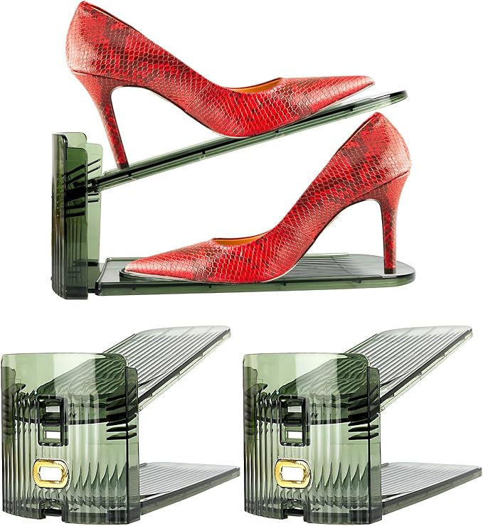 Yes!Fresh Shoe Slot Organizer, Boutique Display Style Shoe Stacker for A Pair of Shoes, Separable Shoe Rack for Closet Organization, 3 Adjustable Narrow Shoe Rack (Transparent Green, 2 Pack)