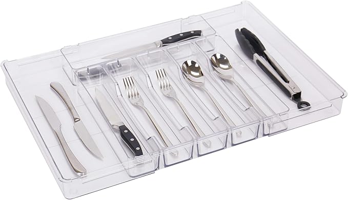 Expandable Kitchen Drawer Organizer - Clear Acrylic Adjustable Silverware Organizer - Utensil Holder and Cutlery Tray with Grooved Drawer Dividers for Flatware (Clear-8 Compartments)