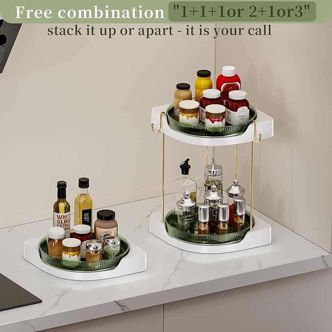 3 Pack Lazy Susan Turntable - Corner Spice Organizer for Cabinet - 9 Inch Rotating Condiment Rack Storage for Refrigerator, Pantry, Kitchen, Vanity, Bathroom Countertop (3 Tier-Green)