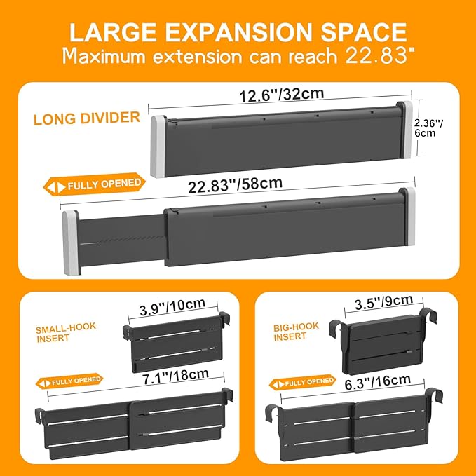 HiYZ Expandable Drawer Dividers with Inserts, Large Kitchen Utensils Drawers Divider, 2.36" High Adjustable Drawer Organizers Separators for Clothing, Kitchen Utensils, 8 Dividers with 16 Inserts