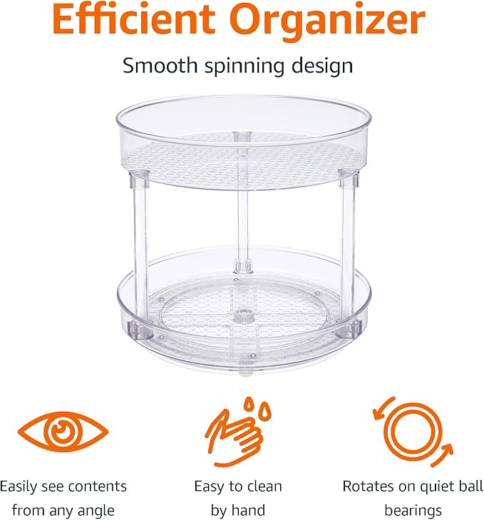 Amazon Basics Lazy Susan Turntable Organizer, 9" Diameter, 2 Tier, Clear