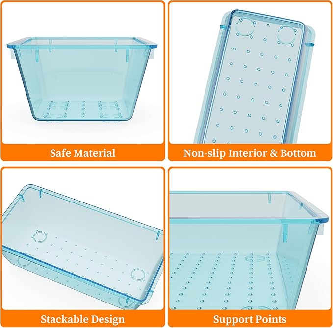 32 PCS Clear Plastic Drawer Organizer Set, 4-Size vanity organizer Trays and Storage Bins for Makeup, Jewelry and Gadgets in Bedroom, Bathroom and Office, Clear Sea Blue